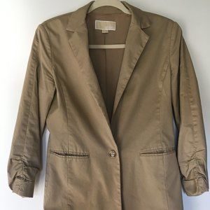 Michael Kors Womens Size 4 Beige Single Breasted Boyfriend Blazer Ruched Sleeves